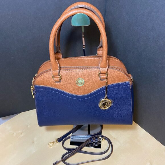 Handbags - Anne Klein Navy & Cognac Pebbled Satchel with Crossbody Strap